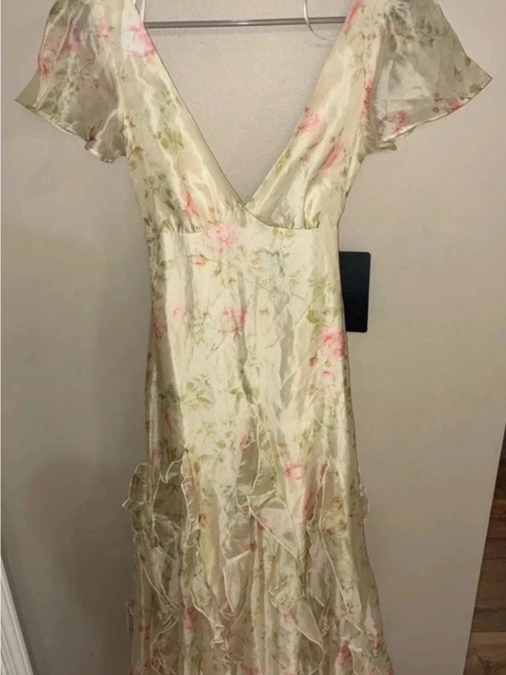 Lulu's Cream Floral V-Neck Maxi Dress with Pink Accents